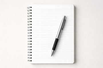 Naklejka premium Open spiral notebook with a pen on a clean white background ready for writing.