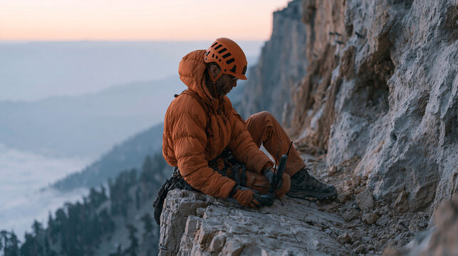 Mountain rescue team member in an orange insulated jacket sets up a GPS beacon on a narrow rock ledge in early morning fog, rope anchors drilled into cliff face, valley floor