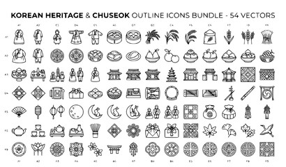 Fototapeta premium Korean Heritage Chuseok Line Icon Collection with Harvest Festival and Traditional Symbols