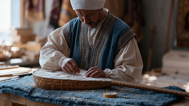 Kazakh instrument repair specialist disassembling traditional dombra lute on felt-covered workbench, Almaty music workshop, string tension gauge nearby, heritage instrument
