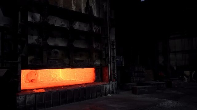 An industrial facility utilizes heavy machinery to load steel slabs into a high-temperature furnace, maintaining thermal processing standards for manufacturing and metal production.
