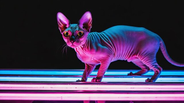 A Sphynx cat, bathed in vibrant neon pink and blue light, stands on a platform of glowing fluorescent tubes