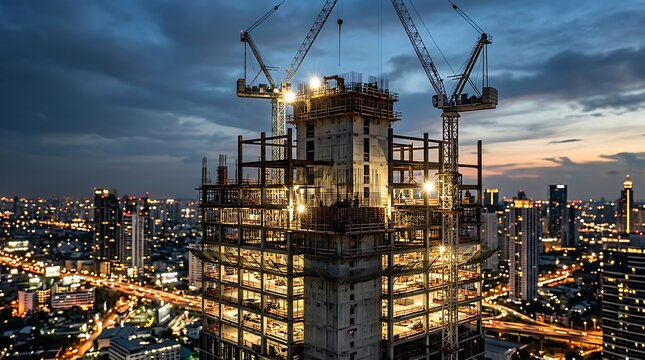 Modern building construction site with cranes in a city at twilight