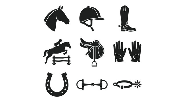 Equestrian Sports and Horse Riding Equipment Glyph Icons Set. Black Solid Icons of Horse, Rider, Helmet, Saddle, Boot, Horseshoe, Bit, Spur, Gloves