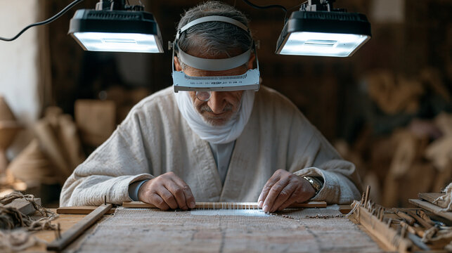 Armenian carpet restoration specialist under bright examination lights carefully reweaving a damaged antique flatweave, magnifying visor, fragile historic textile clamped on a