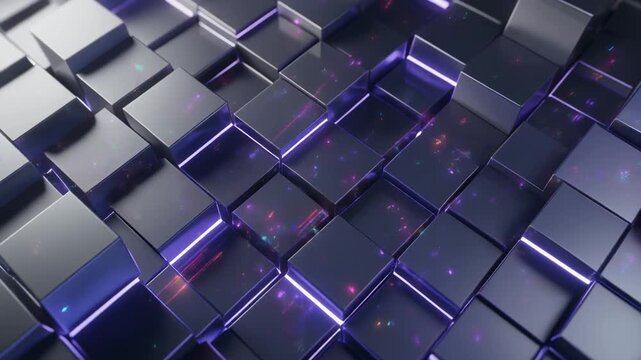 Floating translucent cubes form a refined corporate grid with sapphire gradients and glowing data particles, creating a premium cloud computing technology background with elegant copy space.