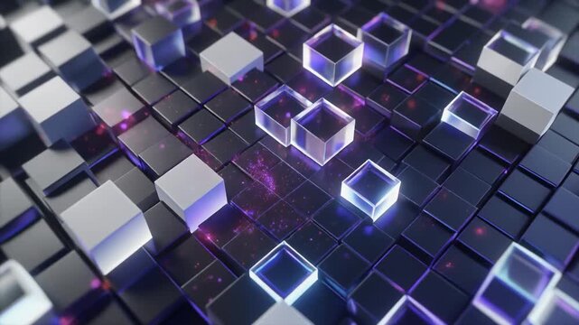 Floating translucent cubes form a refined corporate grid with sapphire gradients and glowing data particles, creating a premium cloud computing technology background with elegant copy space.