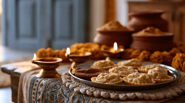Diwali celebration table set with brass oil diyas, marigold garlands, mithai sweets arranged on a steel thali, clay pots of rangoli powder nearby, modest family home interior,
