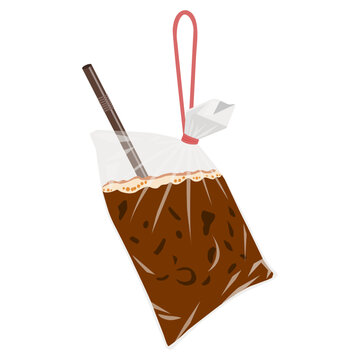 Malaysian Kopi Ais Ikat Tepi in Plastic Bag Flat Vector Illustration