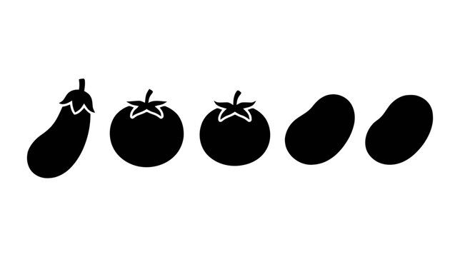 Vector illustration of set of vegetable icons including eggplant, tomato and potato on a transparent background