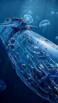 Futuristic underwater submarine surrounded by glowing jellyfish in deep ocean.