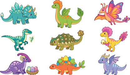 Cute Fantasy Dinosaur and Dragon Cartoon Character Collection with Colorful Vector Creatures © Biplob Creators