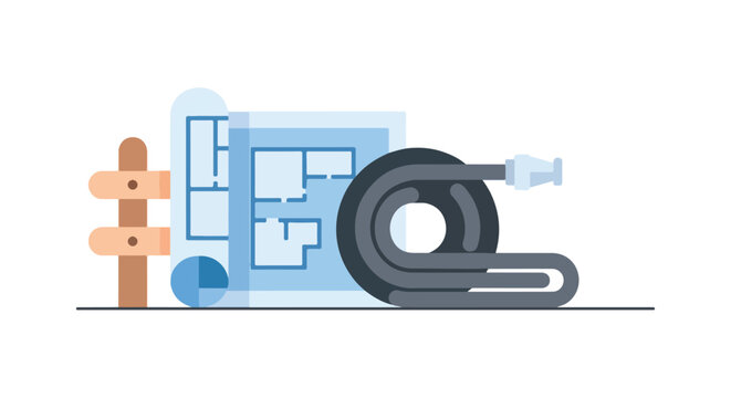 This minimalist vector illustration depicts a garden hose coiled next to a blue house blueprint and a small wooden fence post on a plain white background.