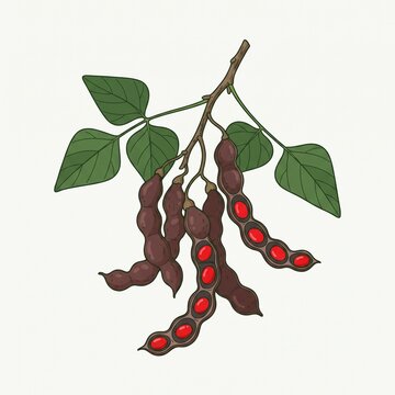 Branch of abrus precatorius with dark purple seed pods and red seeds showing in a botanical drawing