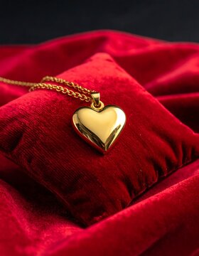 A heart-shaped gold pendant rests on a red velvet pillow