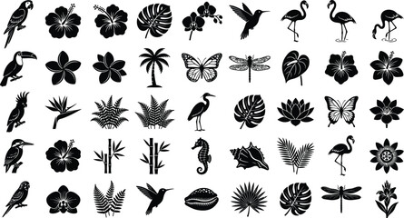 Fototapeta premium Black tropical icons set with birds, flowers, butterflies and leaves