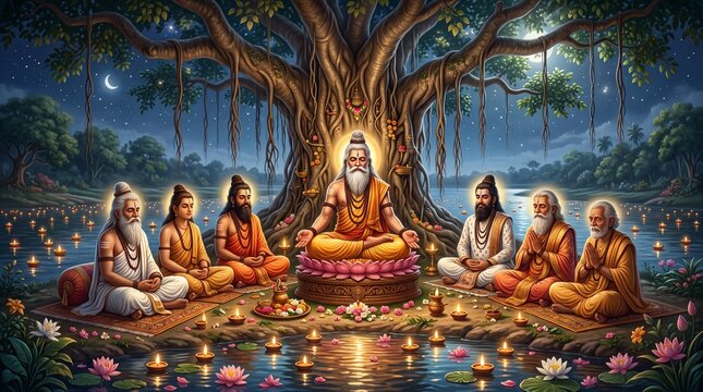 Happy rishi panchami celebration with holy sages meditating under a large tree beside a flowing river