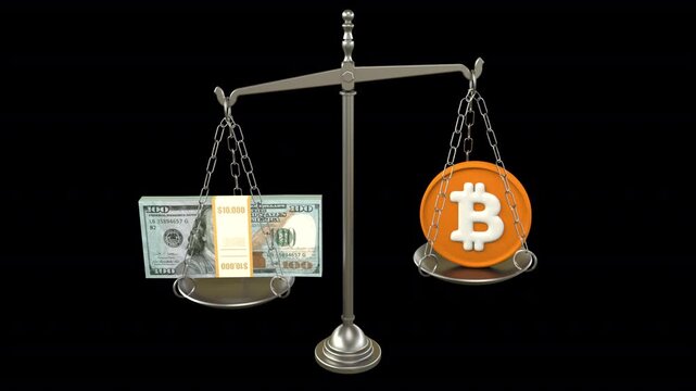 Bitcoin vs dollar balance scale &ndash; 3d render looped with alpha channel.