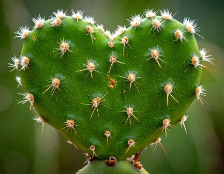 A heart-shaped green cactus with numerous sharp spines