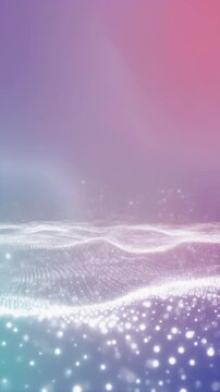 Soft pastel gradients flow across glossy glass as luminous white particles form elegant waves, creating a premium corporate innovation technology background with holographic reflections and copy space