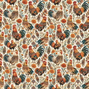 Watercolor Rooster and Hen Seamless Pattern with Autumn Flowers and Rustic Farmhouse Design