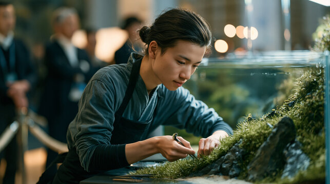 An aquascaping competitor arranges dwarf hairgrass around a slate hardscape in a 120 litre tank at a planted aquarium trade competition, tweezers steady, judges observing from