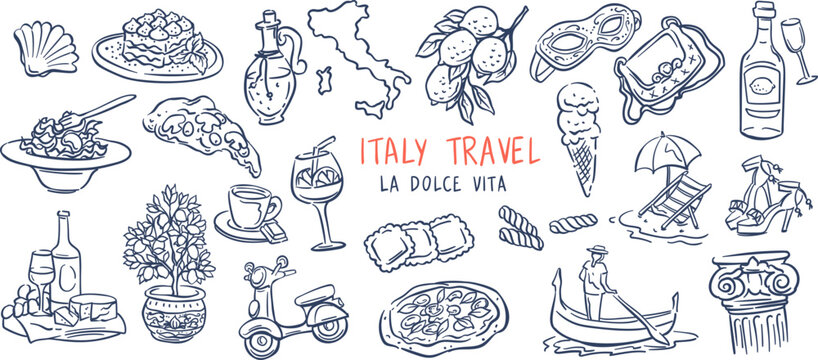 Italy travel doodle set with pizza, pasta, wine, lemon, gondola, scooter and beach chair. Food and vacation icons for posters, souvenirs and italy travel branding, naive doodle vector illustration.