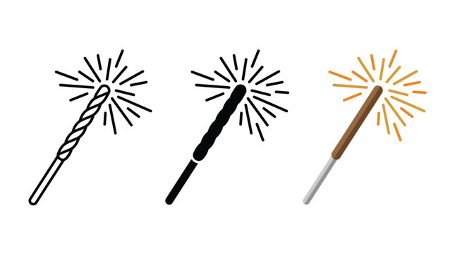 Set of three sparkler icons with line art and colorful flat design styles for celebration Vector