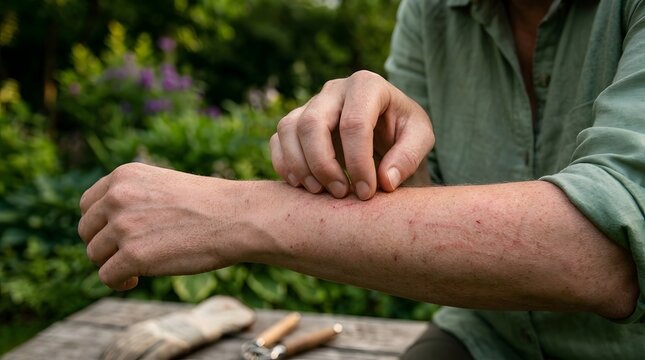 Person scratching itchy red rash on forearm skin while working outdoors in garden area.