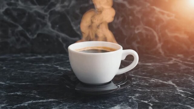 A steaming cup of coffee on a dark marble surface