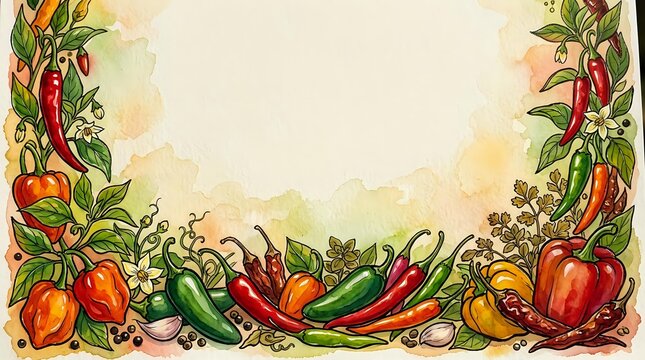 Vintage botanical frame with red and green chili peppers, bell peppers, and garlic on cream background. Suitable for recipe cards, menus, kitchen decor, and food packaging designs.