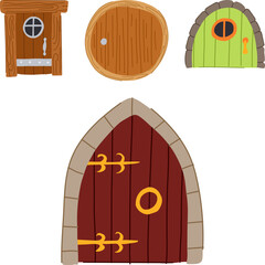 Obraz premium Set of different stylized wooden doors, embodying themes of magic, fantasy, and entering new worlds, perfect for children's books and whimsical lore concepts