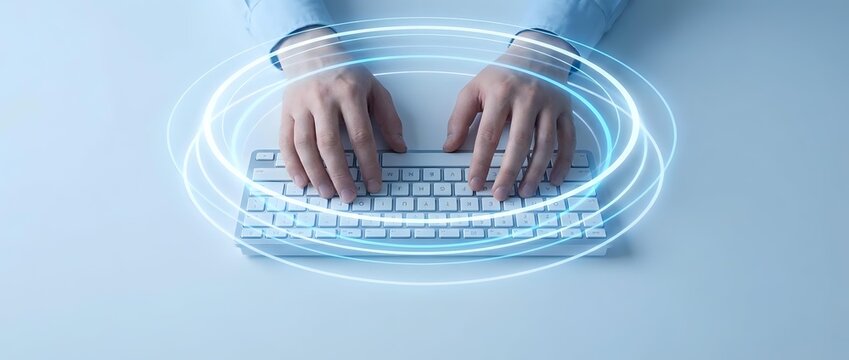 Hands Typing on Digital Wireless Keyboard with Glowing Blue Light Effect
