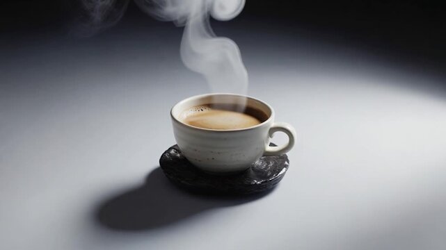 A steaming cup of coffee on a dark stone coaster