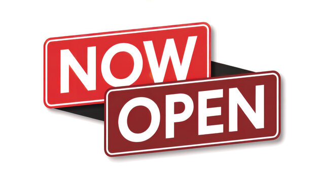 Red rectangular signage featuring bold white text indicating a business is now open for customer service