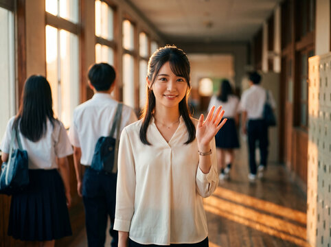 夕方が差し込む下校時間の廊下でこちらに向かって優しく手を振る先生