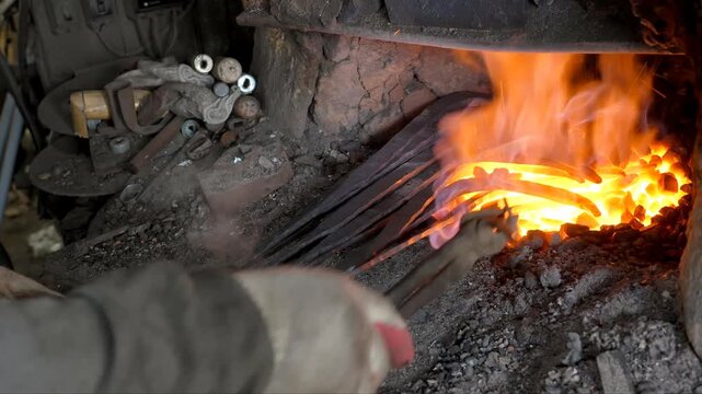 The intense heating of metal components within a coal fueled furnace forge for industrial fabrication and blacksmithing work tasks in a controlled and heated production environment
