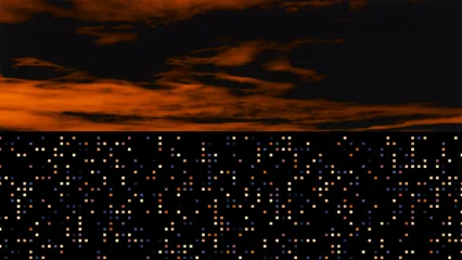Facade of a multi-storey building with illuminated windows at night as a pixelated abstraction. © sv_production