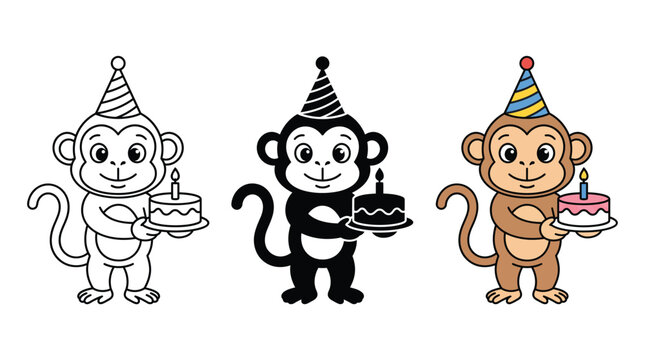 Cute cartoon monkey holding a birthday cake with a party hat in three different styles Vector