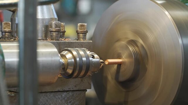Industrial metal lathe machinery utilizes a rotating chuck to hold and shape cylindrical brass rod components with cutting tools to produce precise metallic parts for various manufacturing projects.