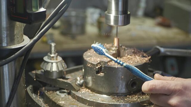 A technician utilizes a brush to remove copper debris from a chuck during mechanical drilling, ensuring component clarity while metal waste accumulates on the surface of the industrial machine.