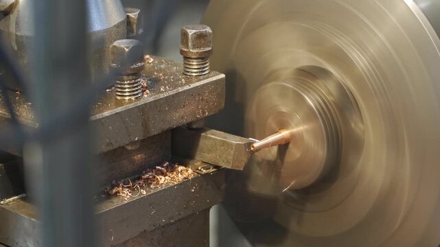 Industrial metal lathe machinery utilizes a rotating chuck to hold and shape cylindrical brass rod components with cutting tools to produce precise metallic parts for various manufacturing projects.