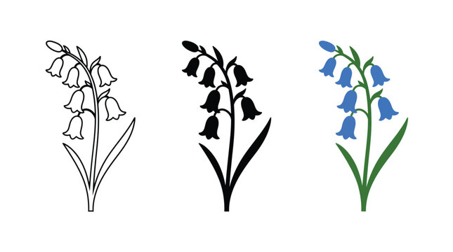 Set of bluebell flower icons in line art silhouette and colorful flat vector styles Vector
