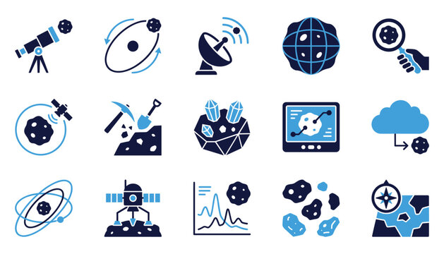 Space exploration and asteroid mining glyph vector icon set including research equipment.