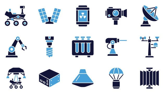 Set of space exploration technology and planetary research equipment icons for missions.
