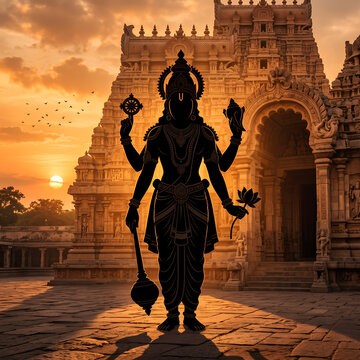 Lord Vishnu Silhouette Standing by Ocean with Divine Aura, Preserver of the Universe