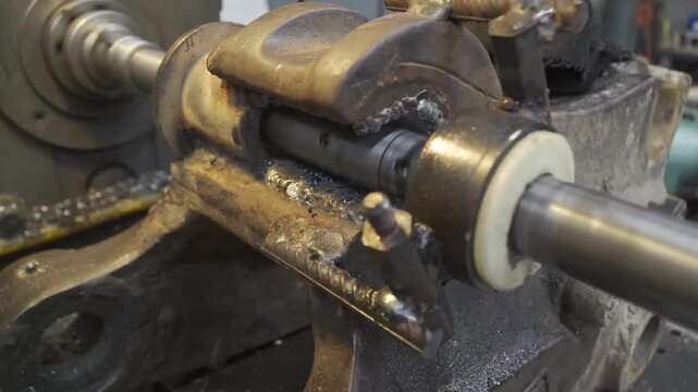 The metal shaft maintains a consistent rotational speed within a customized industrial lathe support fixture while metallic shavings accumulate around the housing mechanism during machine operation.