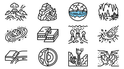 Geology Icons: Volcanoes, Earth Layers, Caves, Meteorites, Earthquakes, Mining © Anam