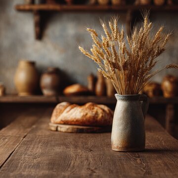 Rustic Wheat Bouquet Ceramic Pitcher Fresh Bread Cozy Farmhouse Kitchen Still Life