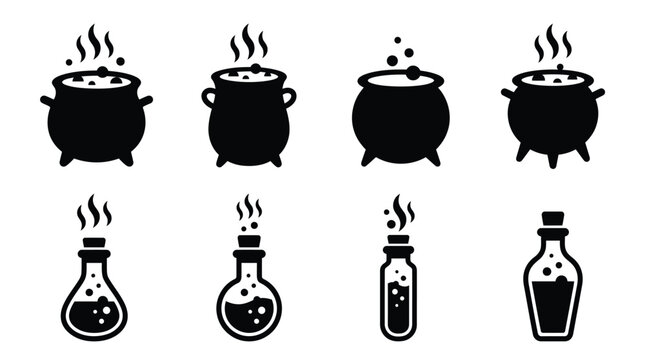 Set of black witch cauldron and magic potion bottle icons for halloween design projects Vector